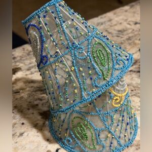Set Of 2 Small Beaded Lamps Shades Aqua Yellow Green 5x5” Shabby Chic Cottage